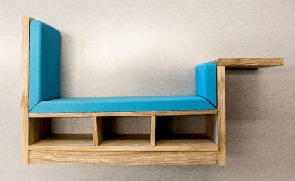 A photograph of the accessible bench and media table prototype created by Melissa Merante