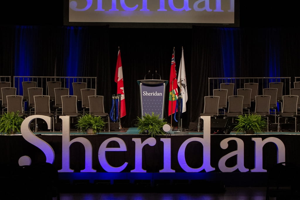 Photo of the empty stage at Sheridan convocation
