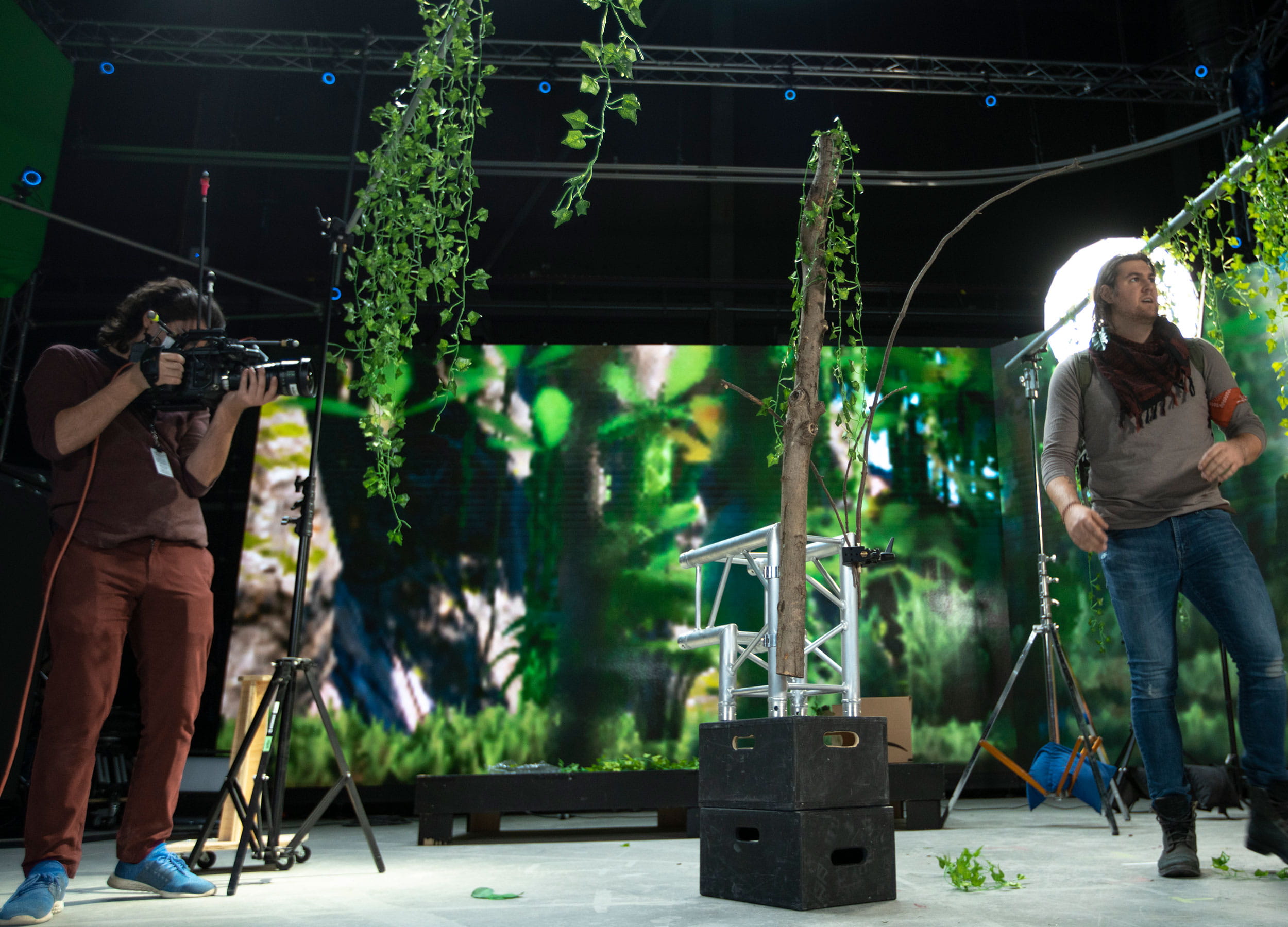 Students shooting a film in front of an LED volume