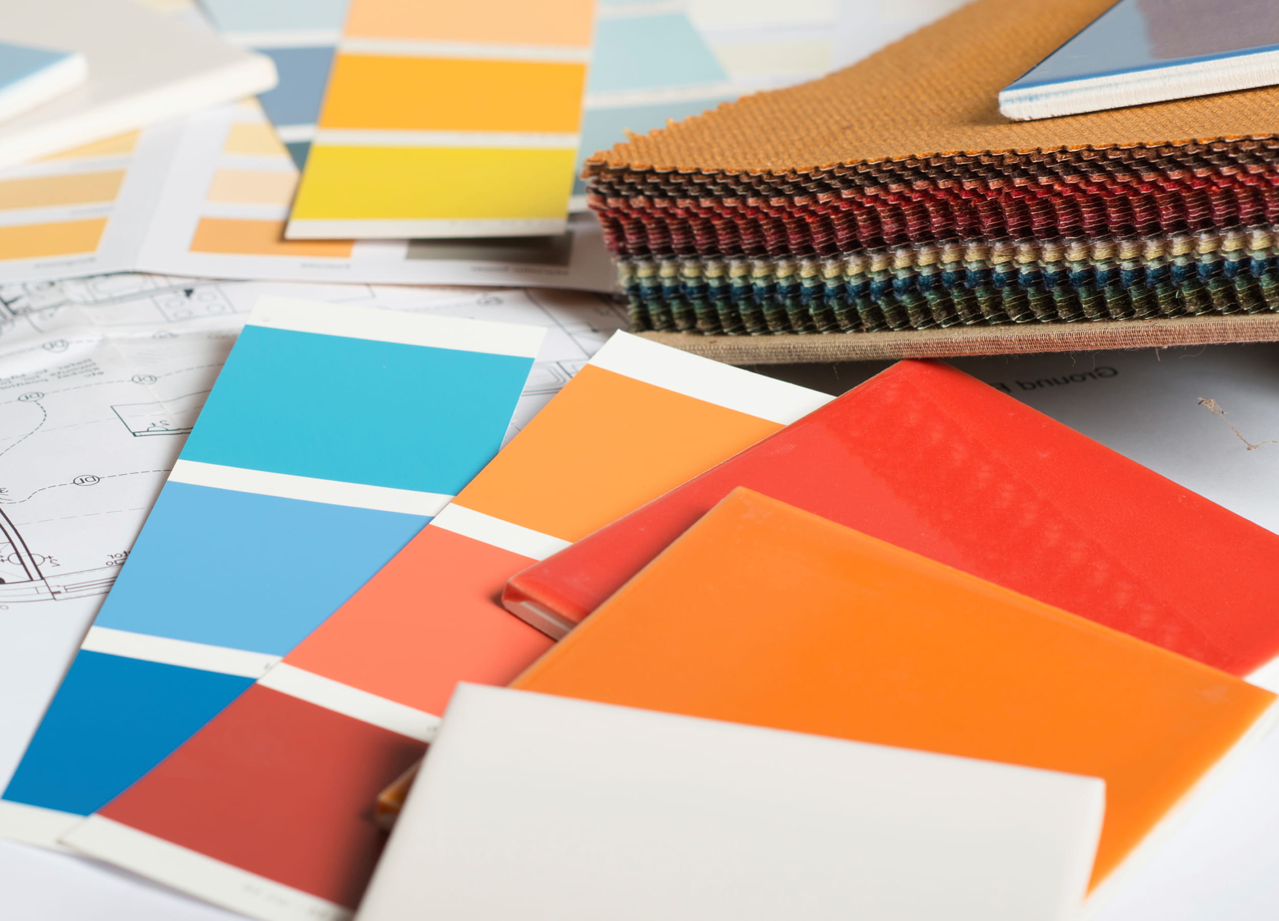 Interior decorating paint samples and tiles